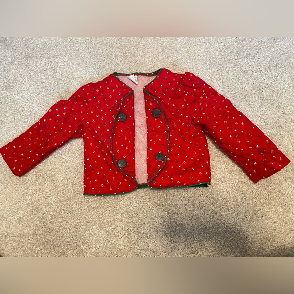 Vintage Red Quilted Button-Front Holiday Jacket and suspenders pants